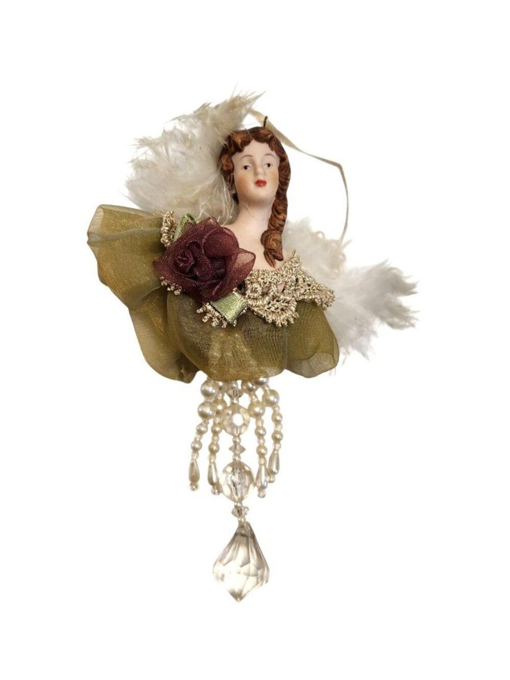Small Victorian Style Lady Bust Ornament Feather Rose Beaded Crystal Drop READ